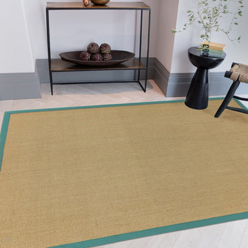 Sisal Modern Plain Cotton Border Natural-Fibre Ribbed Textured Flatweave Natural/Aqua Blue Rug-Asiatic Carpets-Rug Love - The Most Loved Rug Store